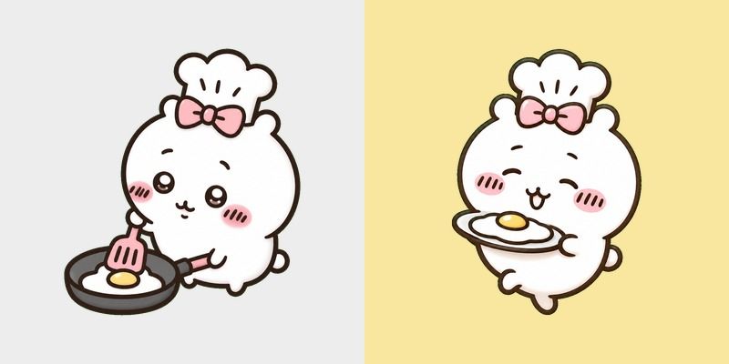 Chiikawa Chef Frying and Serving Egg